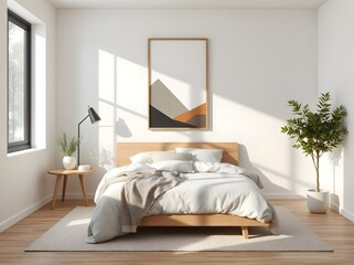 minimalist bedroom interior with wooden bed, geometric art poster, soft gray walls, natural sunlight, and clean, cozy design
