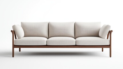 Fototapeta premium Elegant modern sofa with light fabric and wooden frame for stylish living room interior decor
