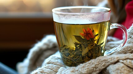 woman enjoying a warm cup of herbal tea in a cozy living room, surrounded by soft blankets and cushions, promoting relaxation and self-care. [Women’s]:[wellness] 