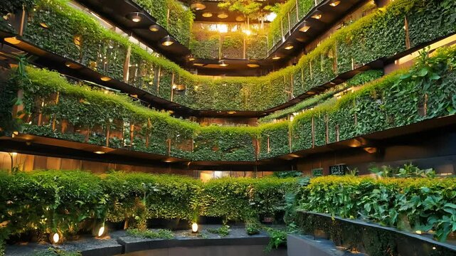 Camera rises up a spiraling vertical garden with seating and water