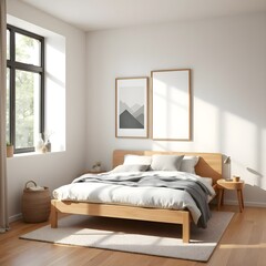 minimalist bedroom interior with wooden bed, geometric art poster, soft gray walls, natural sunlight, and clean, cozy design