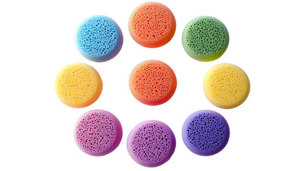 Assorted rainbow-colored makeup sponges arranged in a circular pattern on a white background