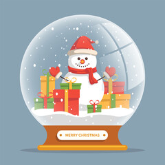 Christmas snow globe. New Year's glass snow globe with a snowman and gifts. Christmas snow ball. Symbol of New Year and Christmas. Children's flat vector illustration isolated on background