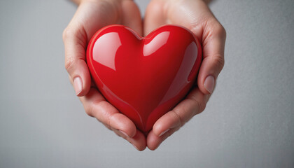 Fototapeta premium Human hands holding a glossy red heart on a neutral gray background for love and care concept