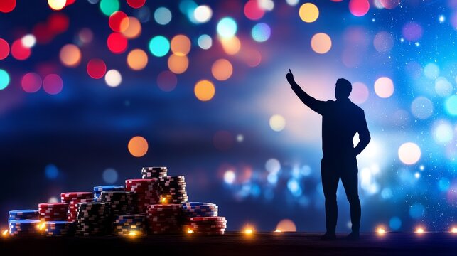 Silhouetted Man Celebrating Christmas Casino Win - Festive casino scene, silhouetted figure, poker chips, Christmas lights, victory celebration. Symbolizes success, luck, holidays, gambling, and wealt