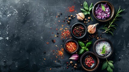 Assorted spices and herbs in bowls on a dark textured background