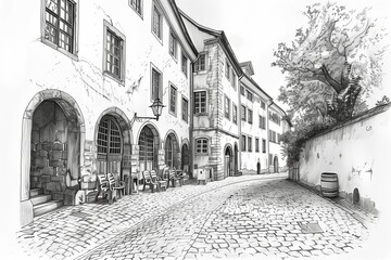 A charming cobblestone street lined with historic buildings and trees in a serene, picturesque setting.