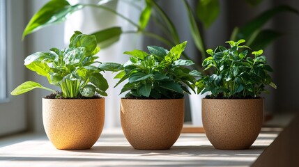 Plants in Small Pots on Window Sill.