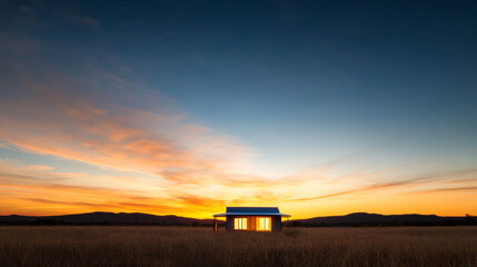 Sunset over a solitary house in a vast field with colorful sky tones visible in the background