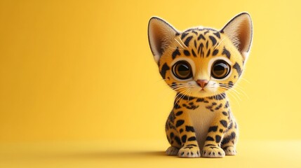 Adorable 3D rendered cartoon ocelot kitten on yellow background.