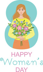 Hand drawn illustration of a beautiful young woman with bouquet of flowers. International women's day concept