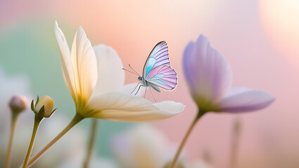 Naklejka premium Soft, serene pastel hues of peach, lavender, and mint blend harmoniously in the background, evoking a gentle sunrise.