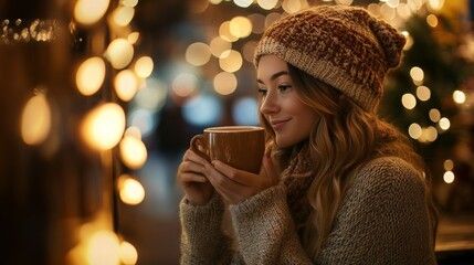 A woman savoring hot cocoa in a cozy caf  , surrounded by a warm and inviting atmosphere.
