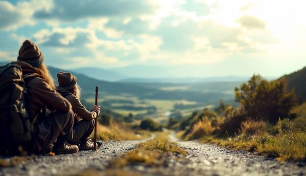 Peregrinos haciendo el Camino de Santiago y descansando en el camino, en medio del campo