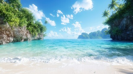 Fototapeta premium Turquoise ocean waves gently wash onto a white sand beach surrounded by lush green tropical cliffs under a bright blue sky.
