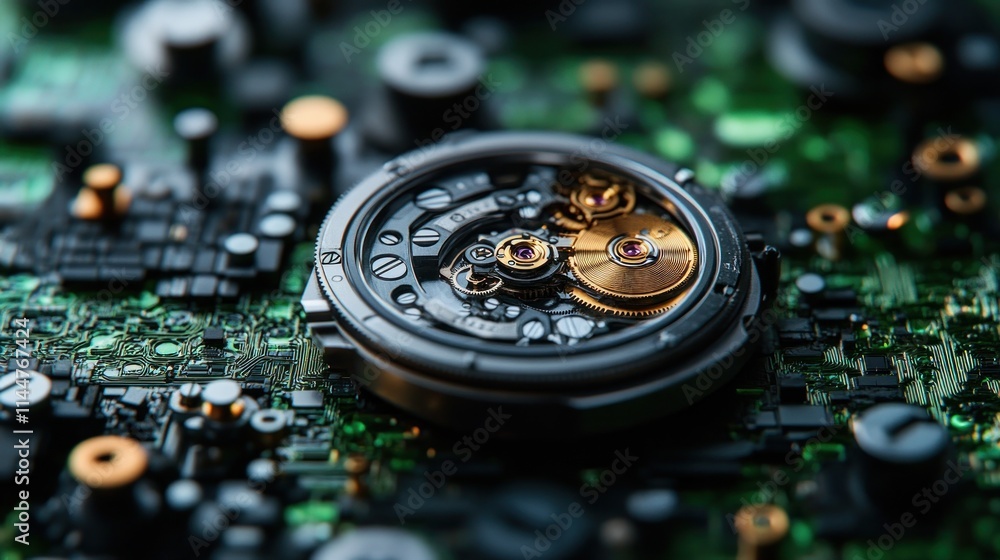 Poster close-up view of a complex watch movement, intricate gears and components on a circuit board.