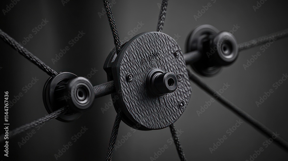 Poster close-up view of a complex mechanical device with intricate details, featuring a circular textured p