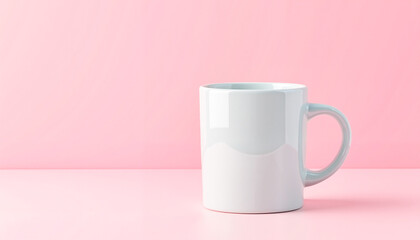 Minimalistic white coffee mug on pink background with copy space