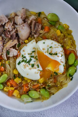 bowl of asian ramen soup. homemade recipe with noodles and poached eggs