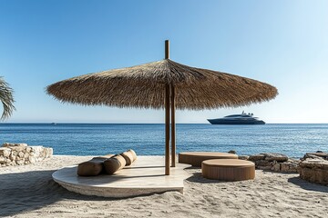 A thatched umbrella with wooden frames stands on the sand of Crete.