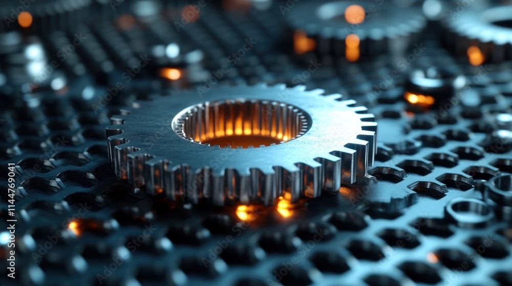 Poster close-up view of gears on a technological background.