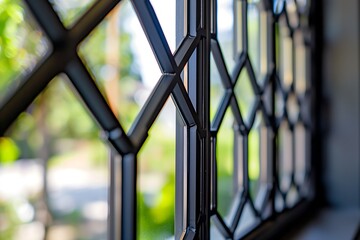 a glass window facade with hexagon metal frames