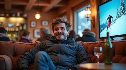 Obraz premium Happy man relaxing in cozy mountain lodge