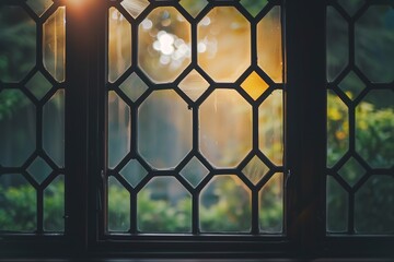a glass window facade with hexagon metal frames
