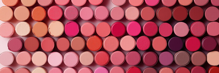 A spectacular array of lipstick palettes in a wide spectrum of shades and tints, professionally arranged, epitomizing beauty and color variety artistically laid out.