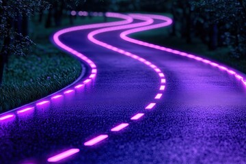 A winding road illuminated with vibrant purple lights at night