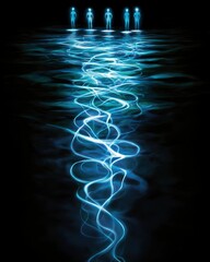 Obraz premium Ethereal Figures in Glowing Blue Light Over Dark Water Surface