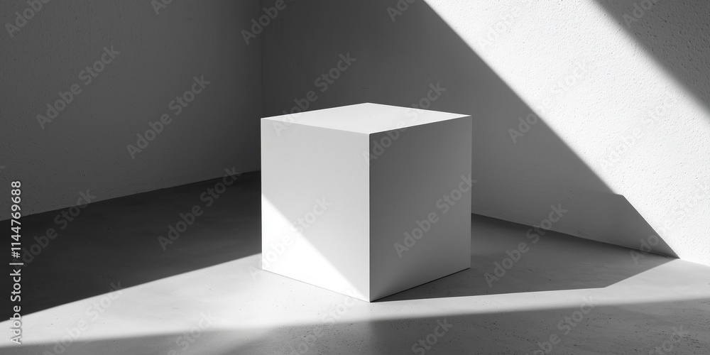 Poster minimalist white cube in stark well-lit interior setting with soft shadows
