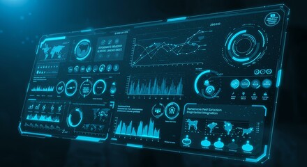 Obraz premium Futuristic digital interface displaying data visualizations, graphs, and analytics in a sleek, modern design.