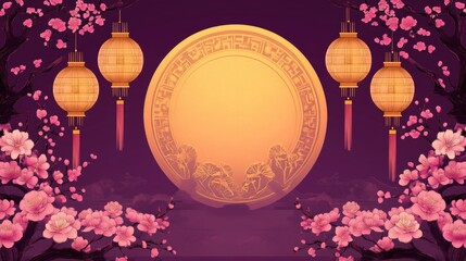 Golden lanterns and cherry blossoms on a purple background Happy Chinese New Year