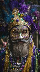 A bearded figure adorned in a vibrant and intricate Mardi Gras costume with a colorful feathered headdress and a decorative mask