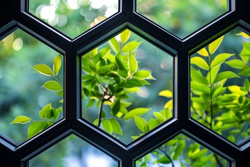 a glass window facade with hexagon metal frames