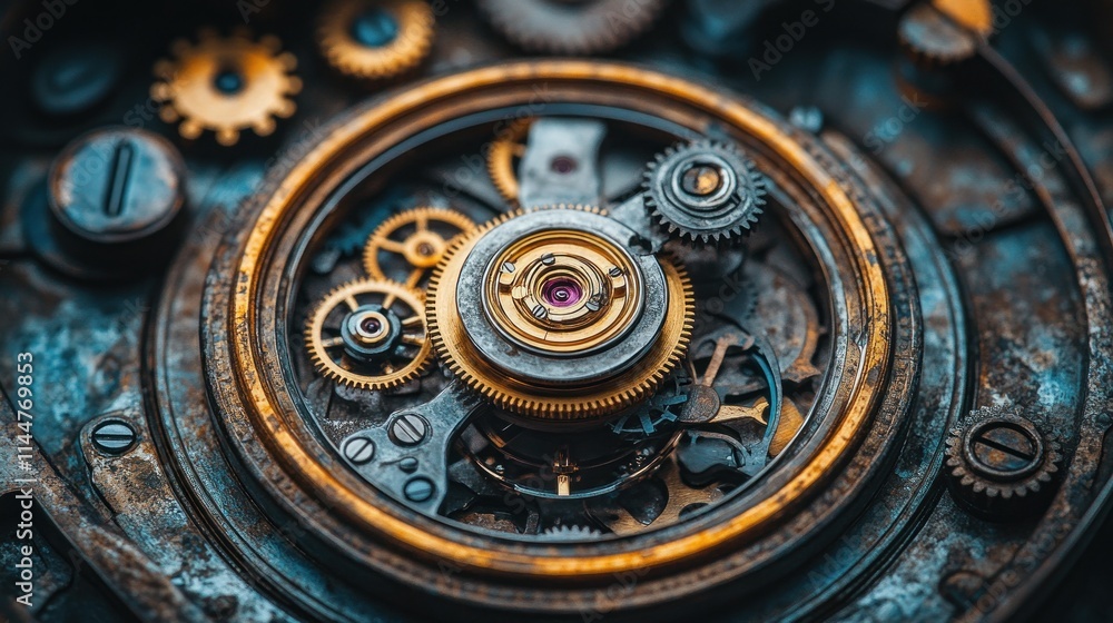Poster close-up view of intricate clockwork mechanism with gears and components.
