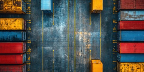 Aerial view of vibrant shipping containers in a symmetrical industrial port setting highlighting patterns of transportation and commerce efficiency