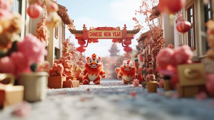 Lion dance festival celebration in colorful chinese new year street scene Happy Chinese New Year