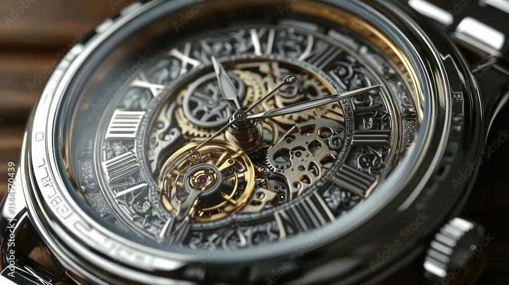 Poster close-up view of intricate mechanical watch with visible gears and roman numerals.