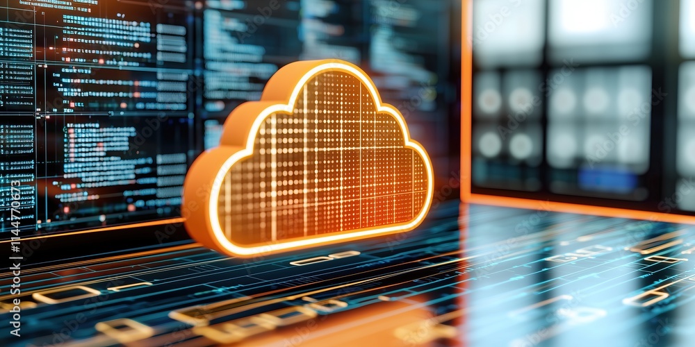 Poster Abstract cloud computing concept with glowing cloud icon and digital data background