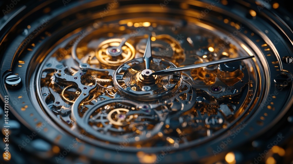 Poster close-up view of intricate watch mechanism with golden gears and hands.