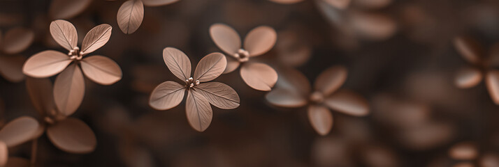 Mocha mousse, brown floral background with textured leaves and flowers, closeup view of blooming elements