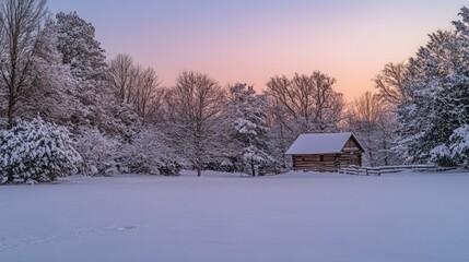Peaceful Winter Scene with Snow-Covered Trees and Cabin at Dusk