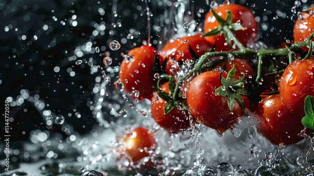 Poster fresh tomatoes splashing into water with dynamic motion