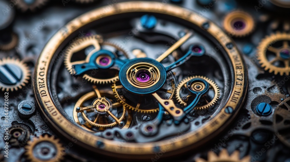 Poster close-up view of intricate watch movement with gears, levers, and components.