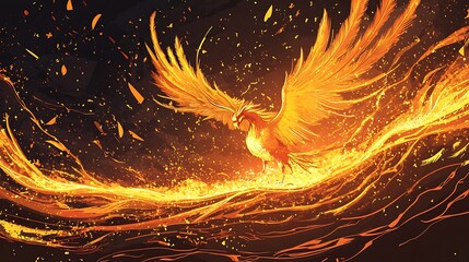 Fiery phoenix bird in flight, flames and sparks.