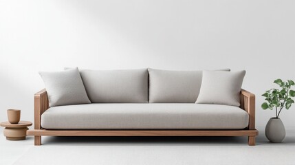 Fototapeta premium Modern minimalist sofa with wooden frame, soft cushions, and potted plant against a white background