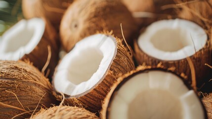 Fresh coconuts arranged on a rustic wooden surface