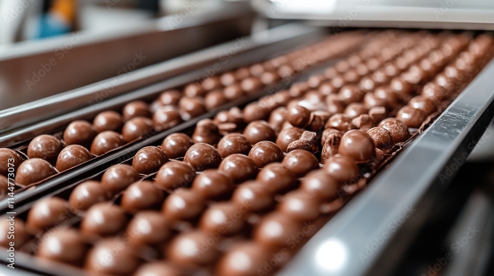 Poster chocolate production line with rows of delicious confections in a factory setting